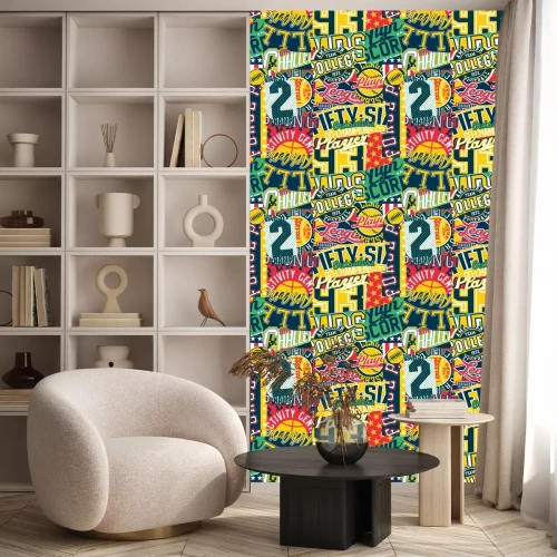 Behang Vintage college sporting labels patchwork  abstract vector seamless pattern