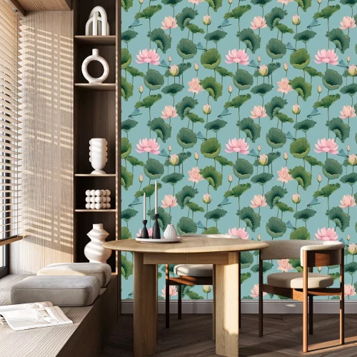 Behang Seamless pattern with lotuses and dragonflies