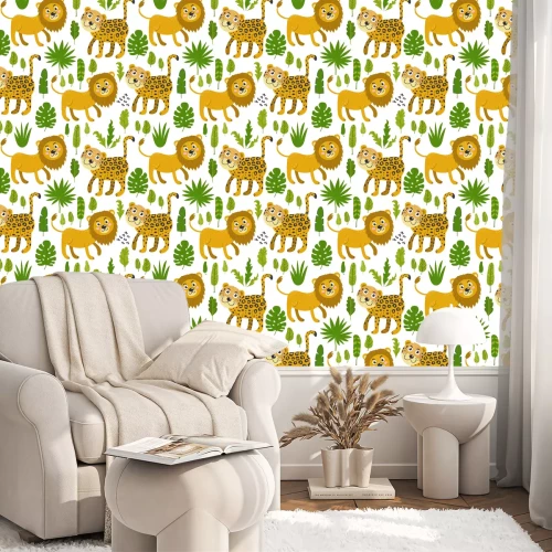 Behang Leuke leeuwen en luipaarden tussen groene bladeren