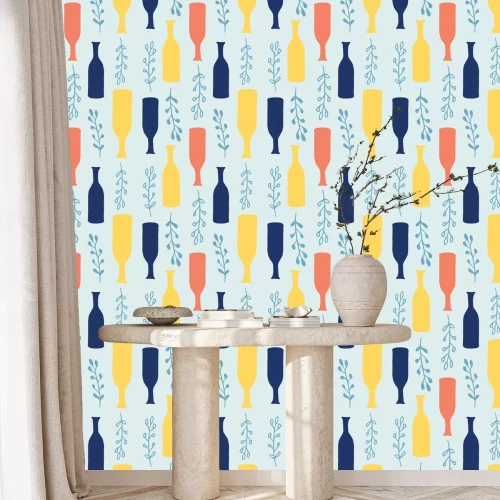Behang Cartoon vases, ferns seamless  pattern in pale turquoise with vibrant yellow, navy blue and coral. Great for gift wrapping paper, textiles and home decor. Spring and summer, fresh and natural.