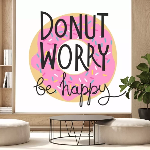 Sticker Don't worry be happy lettering print for t-shirt with donut