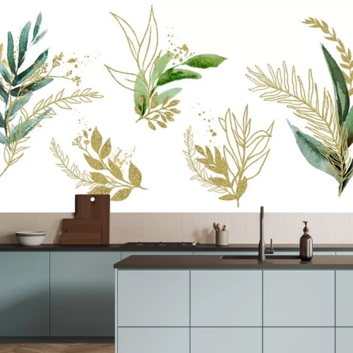 Sticker Watercolor floral illustration set - green & gold leaf branches, for wedding stationary, greetings, wallpapers, fashion, background. Eucalyptus, olive, green leaves, etc.