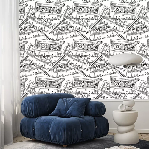 Behang Seamless pattern with image of a Audio Cassette and a pencil. Vector black and white illustration.