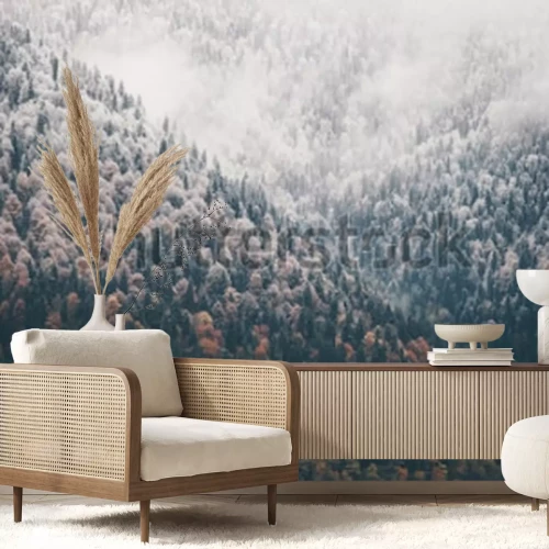 Sticker Nebelwald Nadelwaldlandschaft. Luftbildhintergrund. Reisen Sie ruhige landschaftliche Ansicht