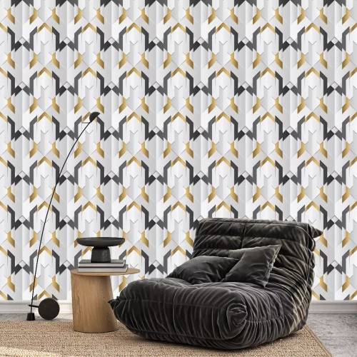 Behang Geometric decor stripes white and golden element