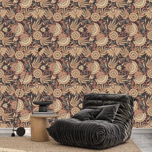 Behang Etnisch bloemen patroon met bladeren