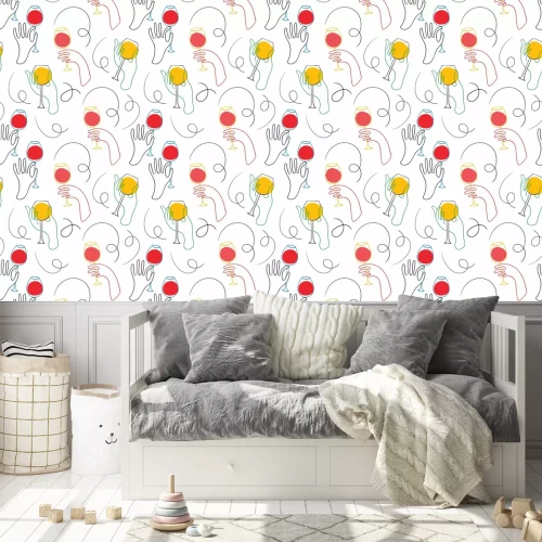 Behang Graphic one line hands with wine. Hand drawn colored vector seamless pattern