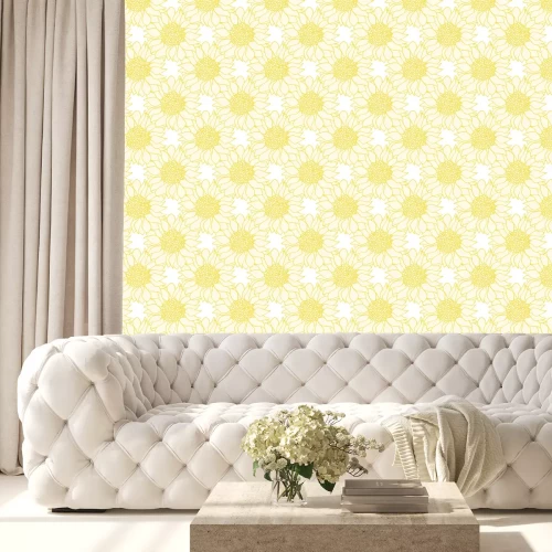 Behang Gele zonnebloemen geschilderd met een lijntje