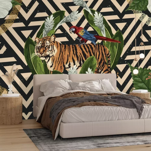 Sticker Exotische afbeeldingen met tijger en papegaai