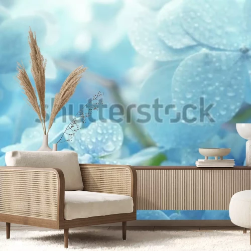 Sticker Blauwe bloemen bedekt met dauw