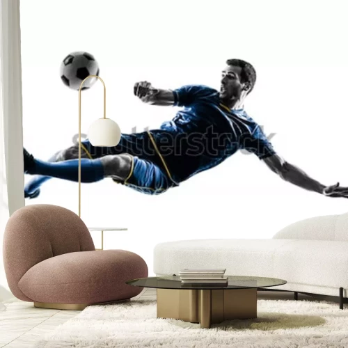 Sticker one caucasian soccer player man playing kicking in silhouette isolated on white background