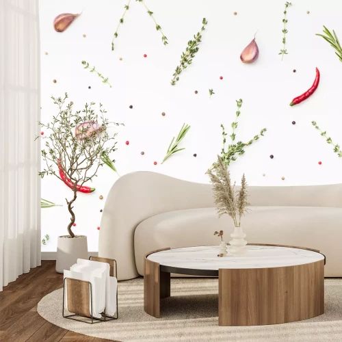 Fotobehang Groene kruiden, pepers en specerijen op een witte achtergrond