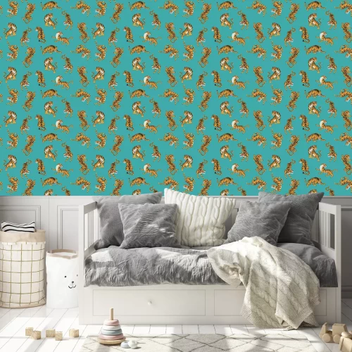 Behang Vector seamless pattern with cute tigers on background. Fashionable fabric design.