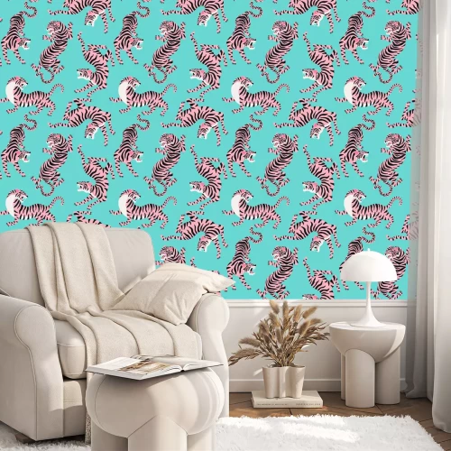 Behang Vector seamless pattern with cute tigers on background. Circus animal show. Fashionable fabric design.