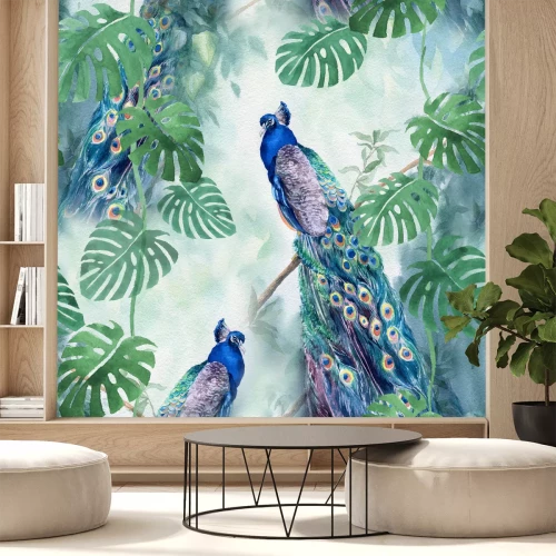 Fotobehang Vogels op een takje met een monstera