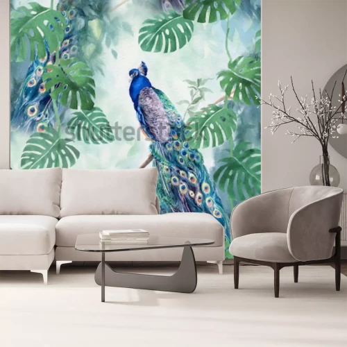 Fotobehang Vogels op een takje met een monstera