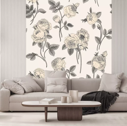 Sticker Vintage vector seamless pattern with bouquets of flowers blooming garden Victorian roses. Gray white flowers with gray leaves on a light gray background. Classic.