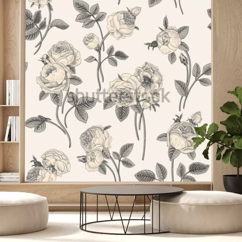 Sticker Vintage vector seamless pattern with bouquets of flowers blooming garden Victorian roses. Gray white flowers with gray leaves on a light gray background. Classic.
