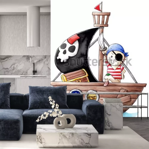 Sticker Kleine piraat op een houten zeilboot