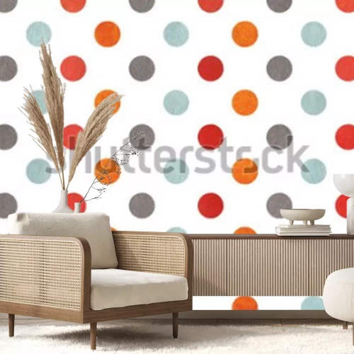 Sticker Watercolor orange, blue, red and grey polka dot background. Texture with colorful polka dots for scrapbooks, wedding, party or baby shower invitations.