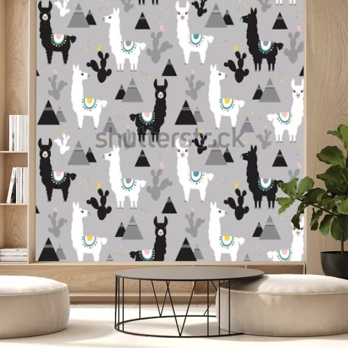 Sticker Seamless pattern of llama, cactus and mountains. Great for fabric, textile. Vector background.