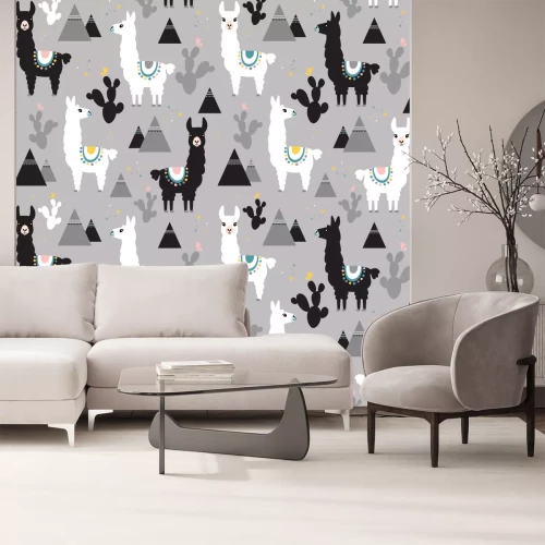 Sticker Seamless pattern of llama, cactus and mountains. Great for fabric, textile. Vector background.