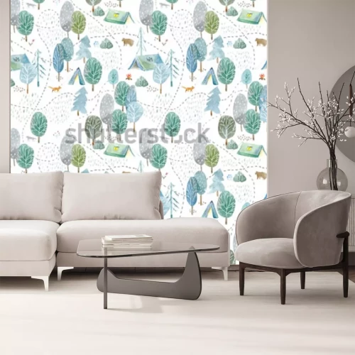 Sticker Seamless pattern of a camping,road,fox,wolf,bear in the woods.Tent, trees, bonfire, plants and floral.Landscape tourism.Watercolor hand drawn illustration.White background.