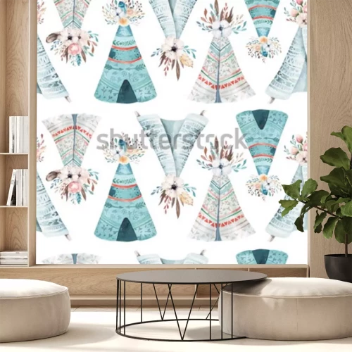 Sticker Blauw-witte Indiase tipi's versierd met bloemen