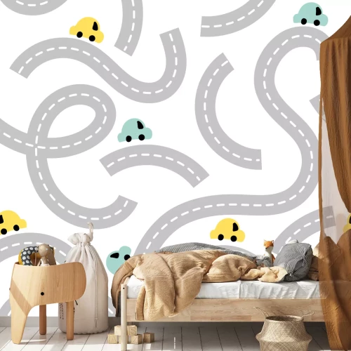 Sticker Kleurrijke auto's tussen verwrongen asfaltwegen