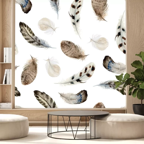 Sticker Watercolor boho seamless pattern of feathers on white background. Native american decor, print element, tribal bohemian navajo, Indian, Peru, Aztec wrapping.