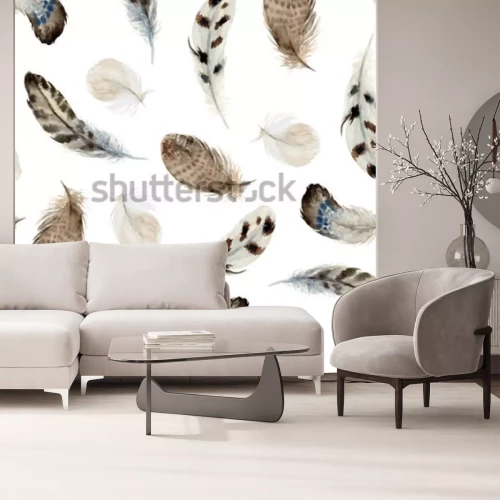 Sticker Watercolor boho seamless pattern of feathers on white background. Native american decor, print element, tribal bohemian navajo, Indian, Peru, Aztec wrapping.