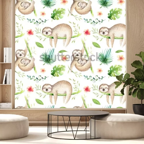 Sticker Baby animals sloth nursery isolated seamless pattern. Watercolor boho tropical drawing, child tropical drawing cute palm tree leaves, tropic green texture,exotic flower. Aloha backgraund