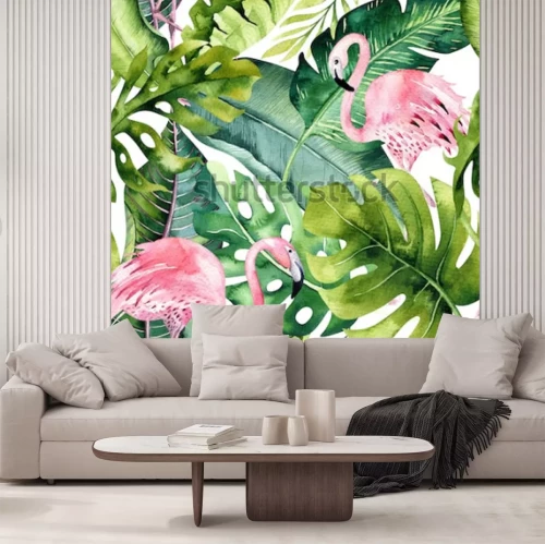 Sticker Tropical isolated seamless pattern with flamingo. Watercolor tropic drawing, rose bird and greenery palm tree, tropic green texture, exotic flower. Aloha collection
