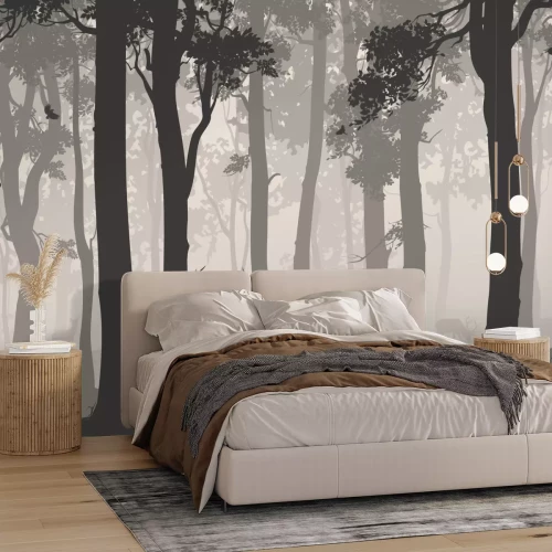 Sticker Horizontal seamless background with deciduous forest, birds and deer. Vector illustration