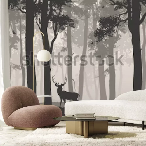 Sticker Horizontal seamless background with deciduous forest, birds and deer. Vector illustration