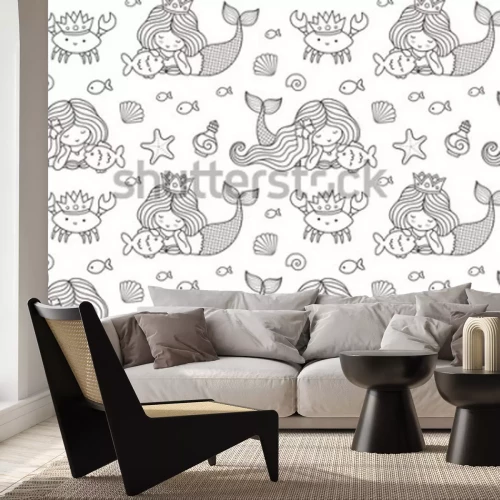 Sticker Zeemeerminnen tussen vissen, krabben en schelpen