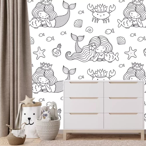 Sticker Zeemeerminnen tussen vissen, krabben en schelpen