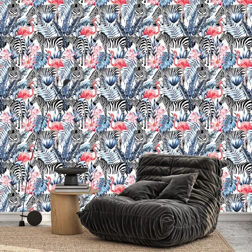 Behang Zebra's en flamingo's tussen tropische vegetatie