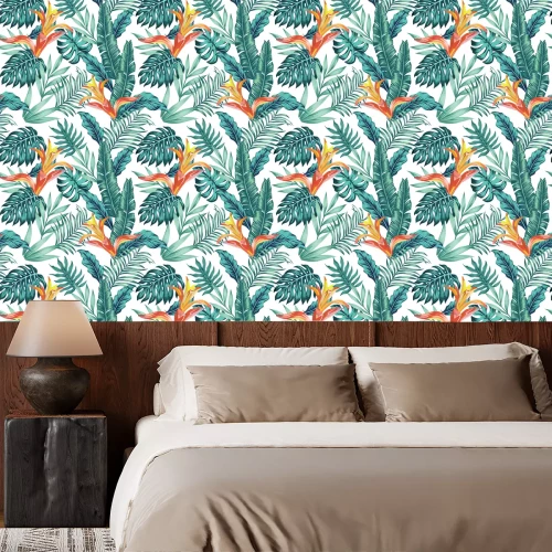 Behang Seamless pattern tropical leaves flowers white background