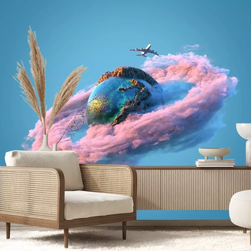 Sticker 3d planeetbol omgeven door een roze wolk