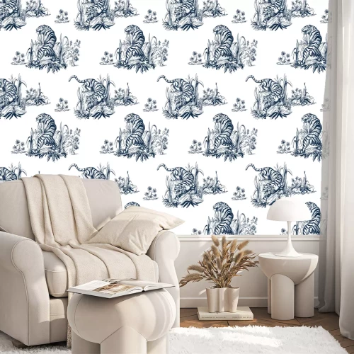 Behang Geschilderde tijger en planten op een witte achtergrond