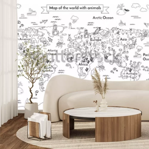 Sticker Zwart-wit wereldkaart met extra afbeeldingen