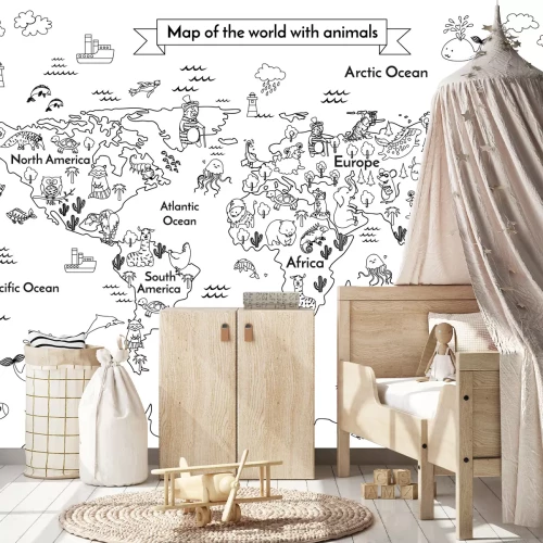 Sticker Zwart-wit wereldkaart met extra afbeeldingen