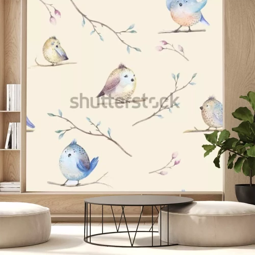 Sticker Watercolor  spring  rustic pattern with nest, birds, branch,tree twigs and , feathers. Watercolour seamless  hand drawn spring background. Vintage, boho your  fabric design, wedding, child card.