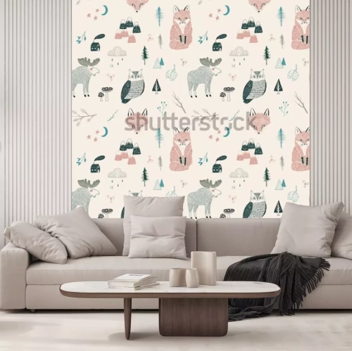 Sticker seamless pattern of woodland animals, trees, mountains  