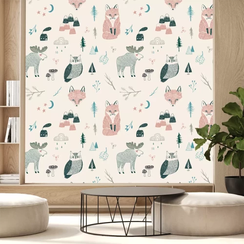 Sticker Seamless pattern of woodland animals, trees, mountains