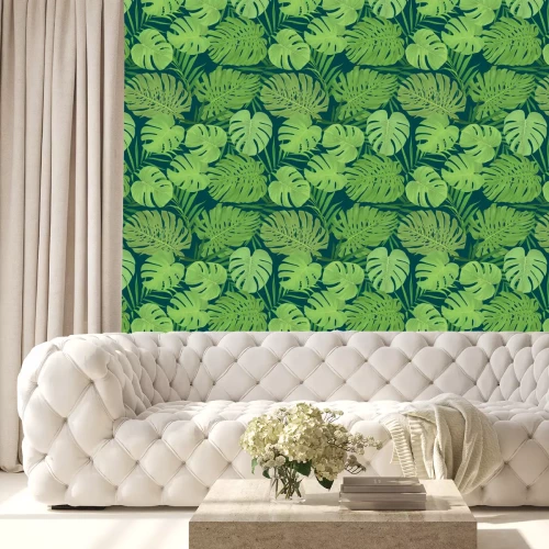 Behang Heldergroene bladeren op een donkergroene achtergrond