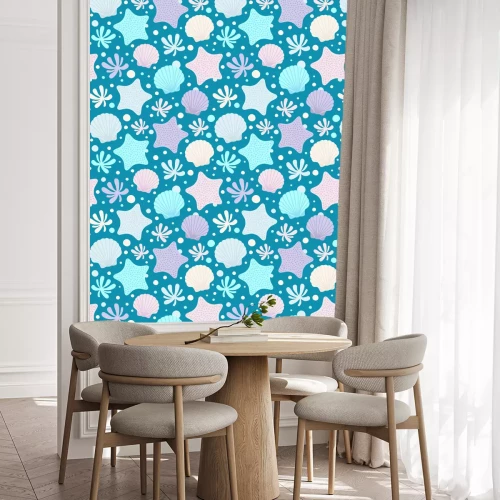 Behang Kleurrijke schelpen op een blauwe achtergrond