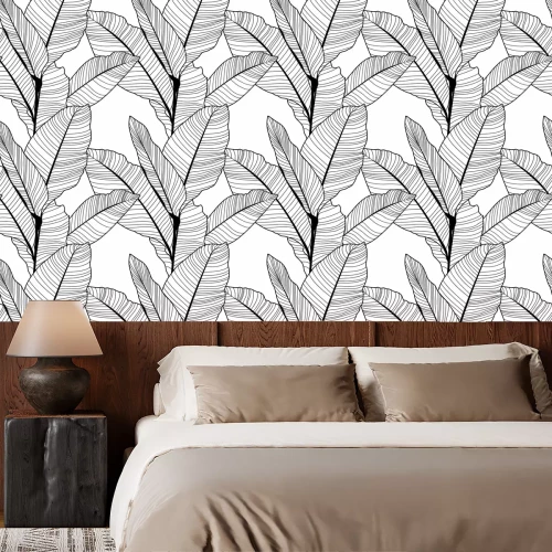 Behang Zwart-witte bananenbladeren