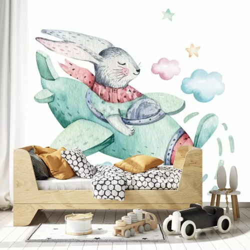 Sticker Hand drawing fly cute easter pilot bunny watercolor cartoon bunnies with airplane in the sky. Turquoise watercolour animal rabbit flying art flight illustration